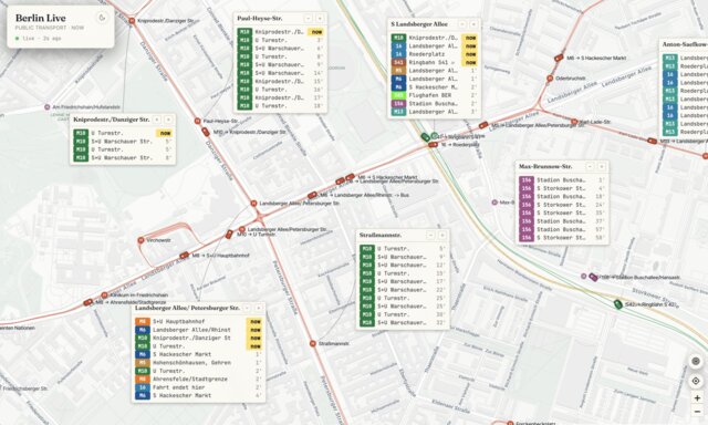 Berlin Live transit map with real-time bus, tram, and train departures pinned to stops