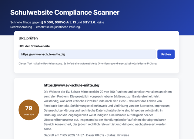 Schulwebsite Compliance Scanner — automated report showing a school website scoring 79 out of 100 on legal compliance