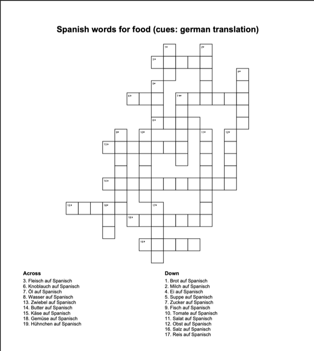 Crossword puzzle generator — example grid with across and down clues