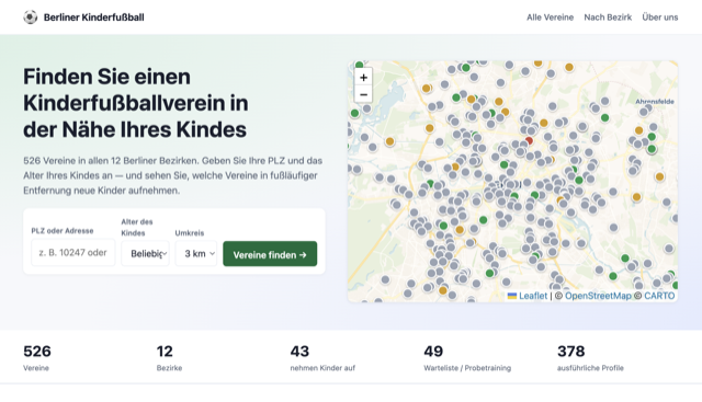 Berliner Kinderfußball — map of Berlin with 526 children's football clubs across all 12 districts, searchable by postcode and child's age