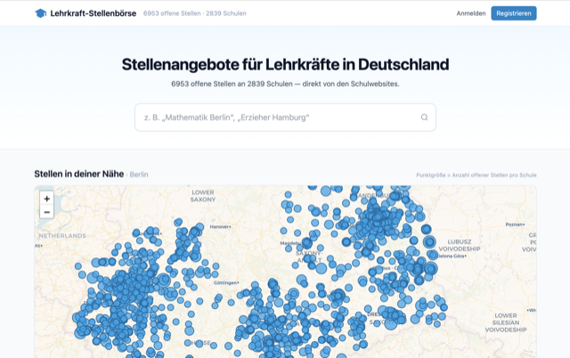 Lehrkraft-Stellenbörse — map of Germany covered in blue dots showing thousands of open teaching positions