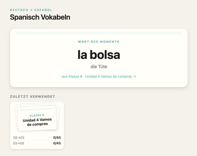 Spanish vocabulary trainer showing the word la bolsa with German translation
