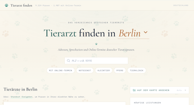 Tierarzt finden — directory of German veterinary practices with search by postcode and filters for online appointments, emergency service, and specialties